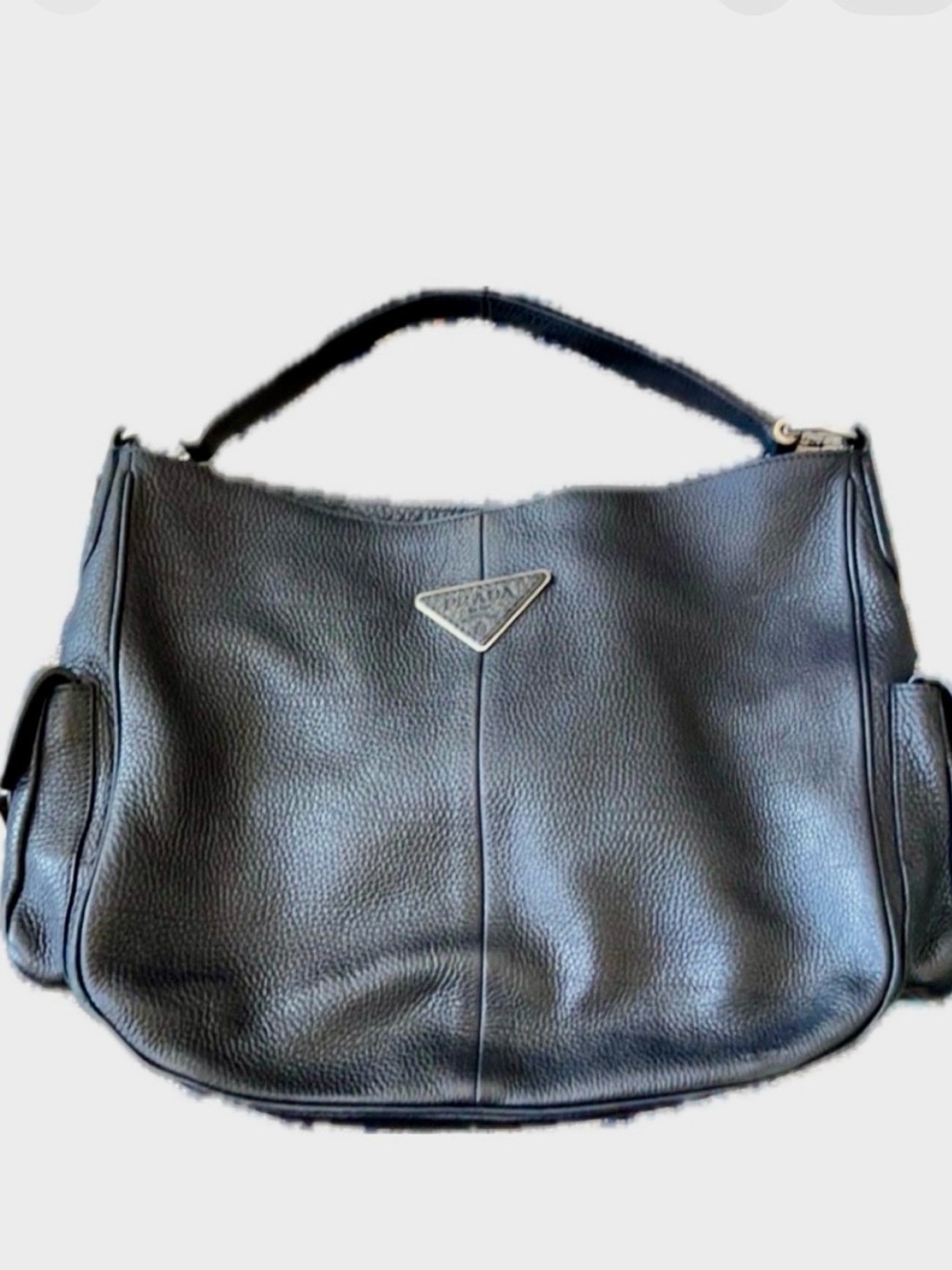 Prada Black Pebbled Leather Hobo Shoulder Bag with Triangle Logo Plaque